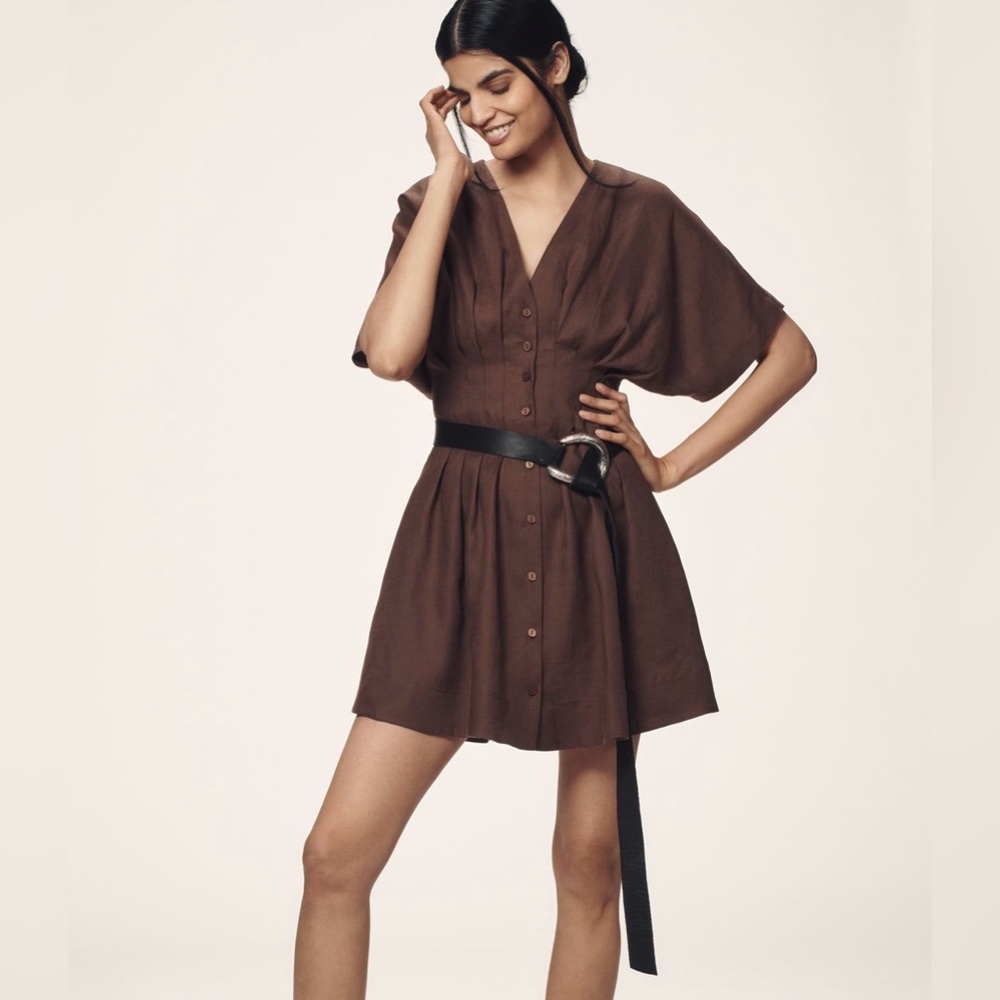 The Tobie Linen Pleated Mini Shirt Dress by Exquise size L